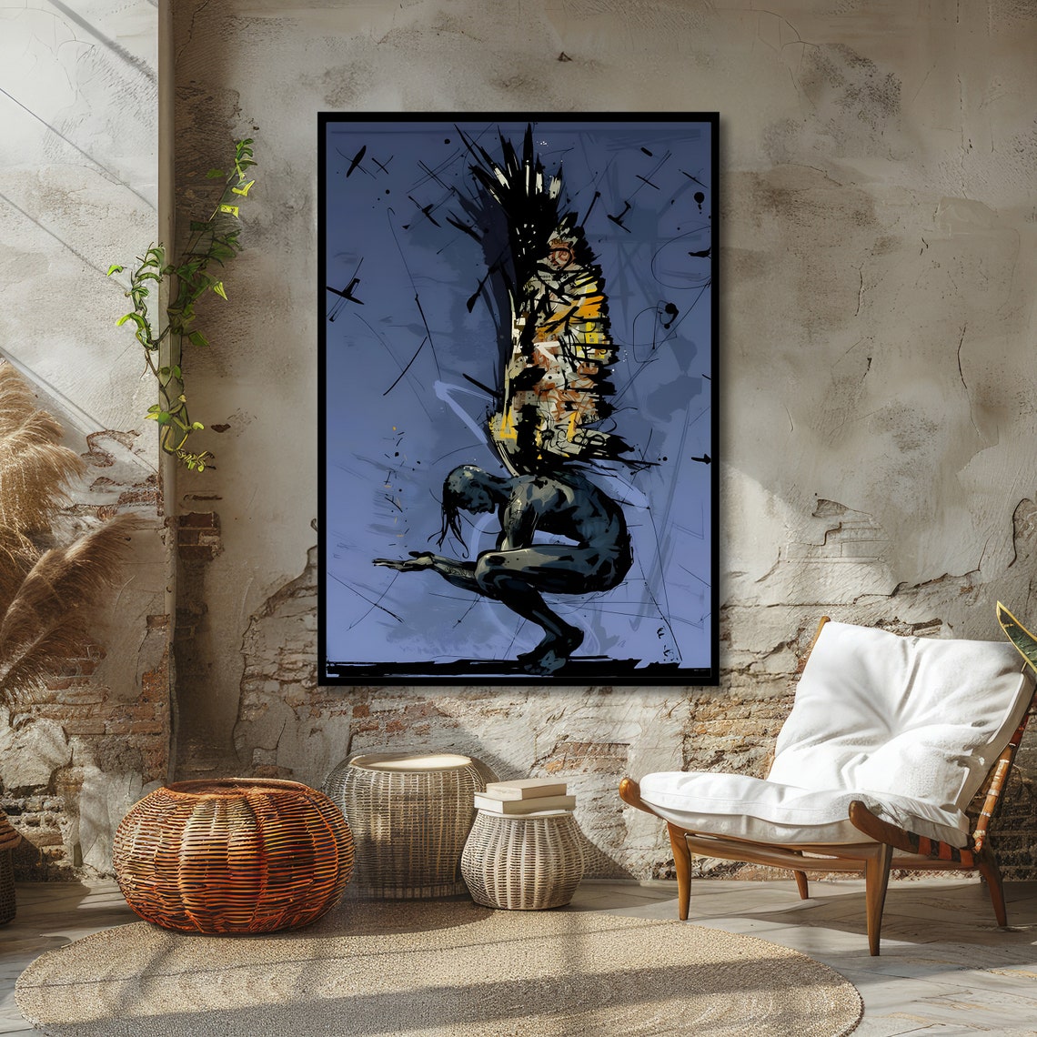 Crouching Winged Figure Graffiti Abstract Dramatic Dark Blue Poster - Image 5