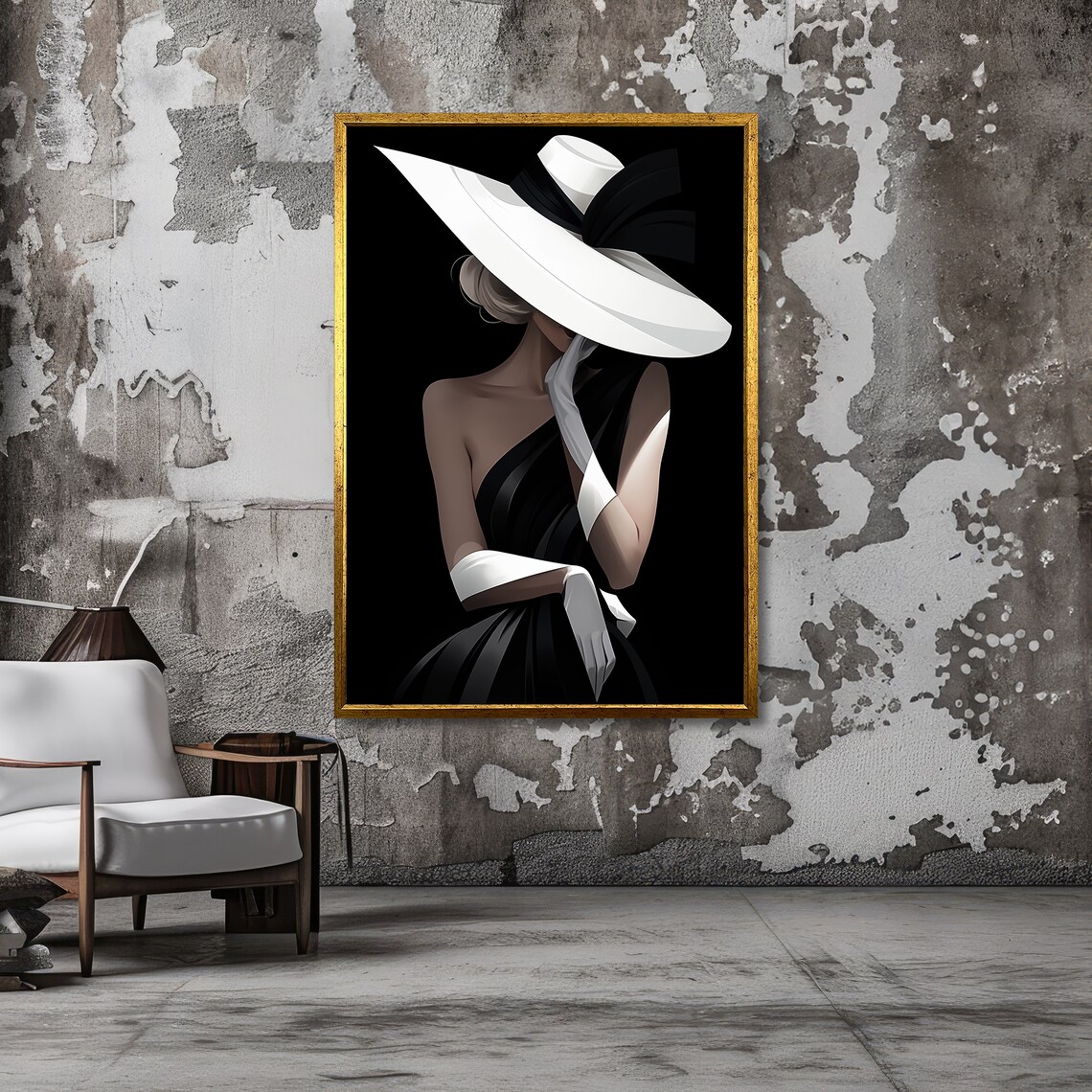 Glamorous Woman in Black and White Fashion Wide Brim Hat Art Poster - Image 6
