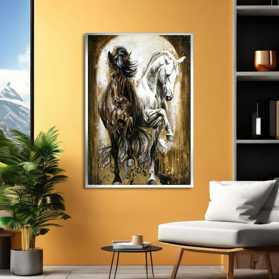 Black and White Horses Duo Beneath a Glowing Golden Arch Art Poster - Image 2