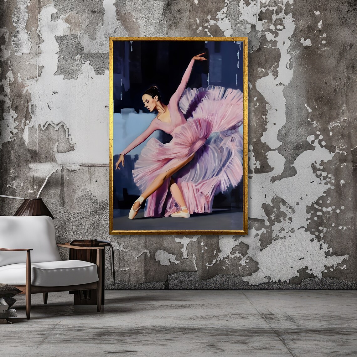 Ballerina in Pink Tutu Oil Painting on Night Stage Art Poster - Image 3
