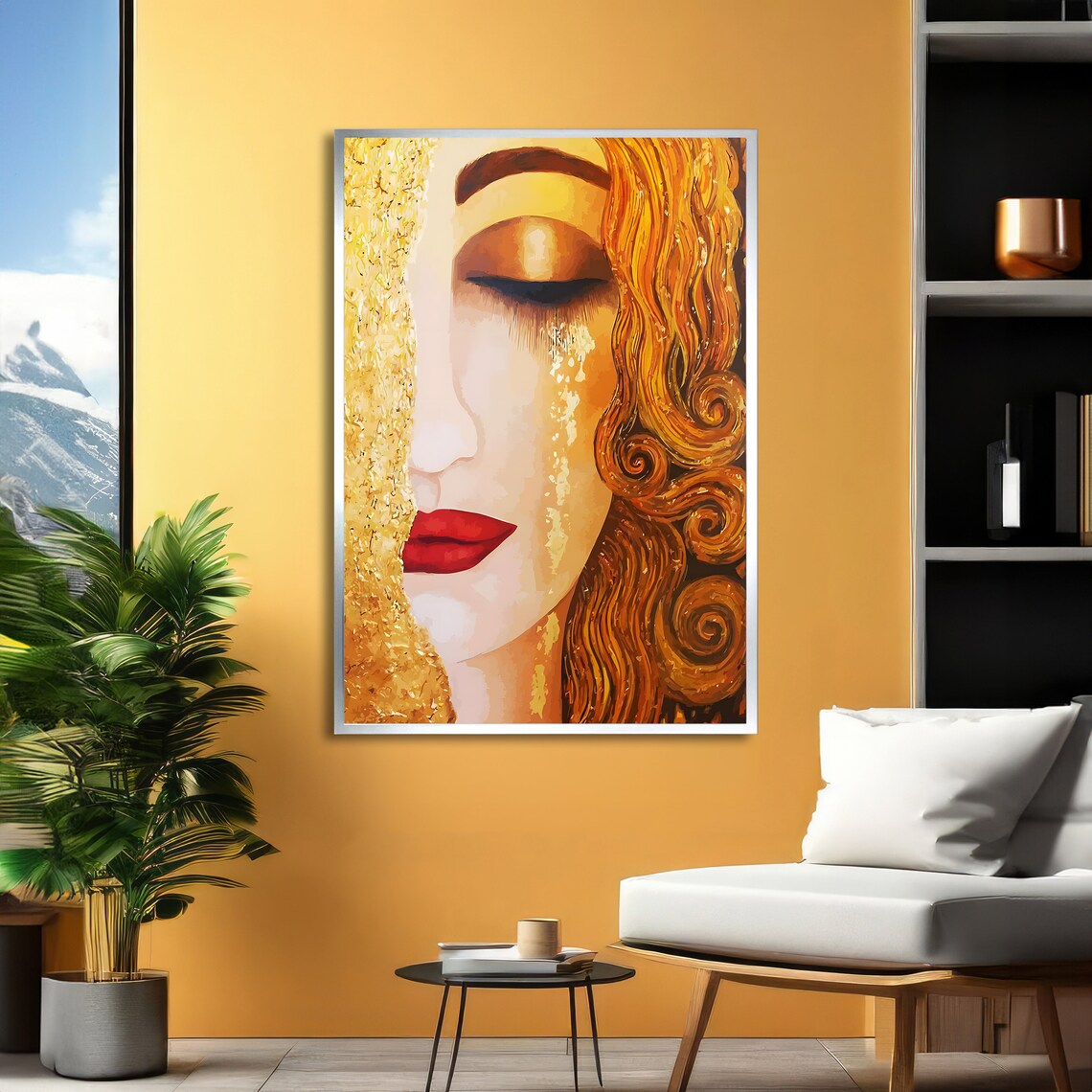 Golden Serenity Abstract Woman Portrait with Gold Hair Poster - Image 2