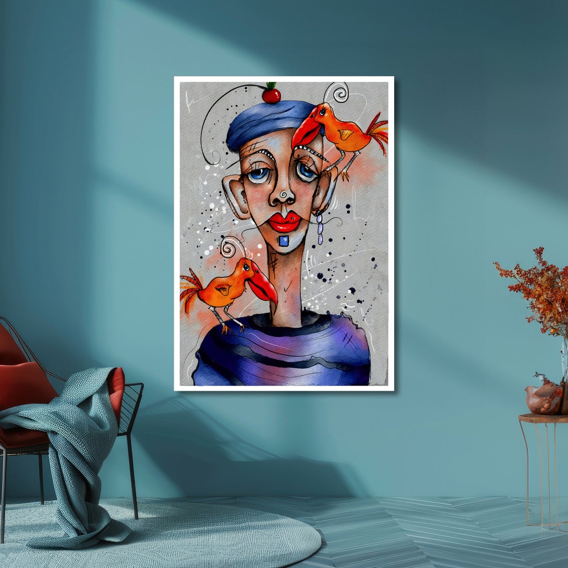 Whimsical Woman in Blue Hat with Cherry and Orange Birds Art Poster - Image 4