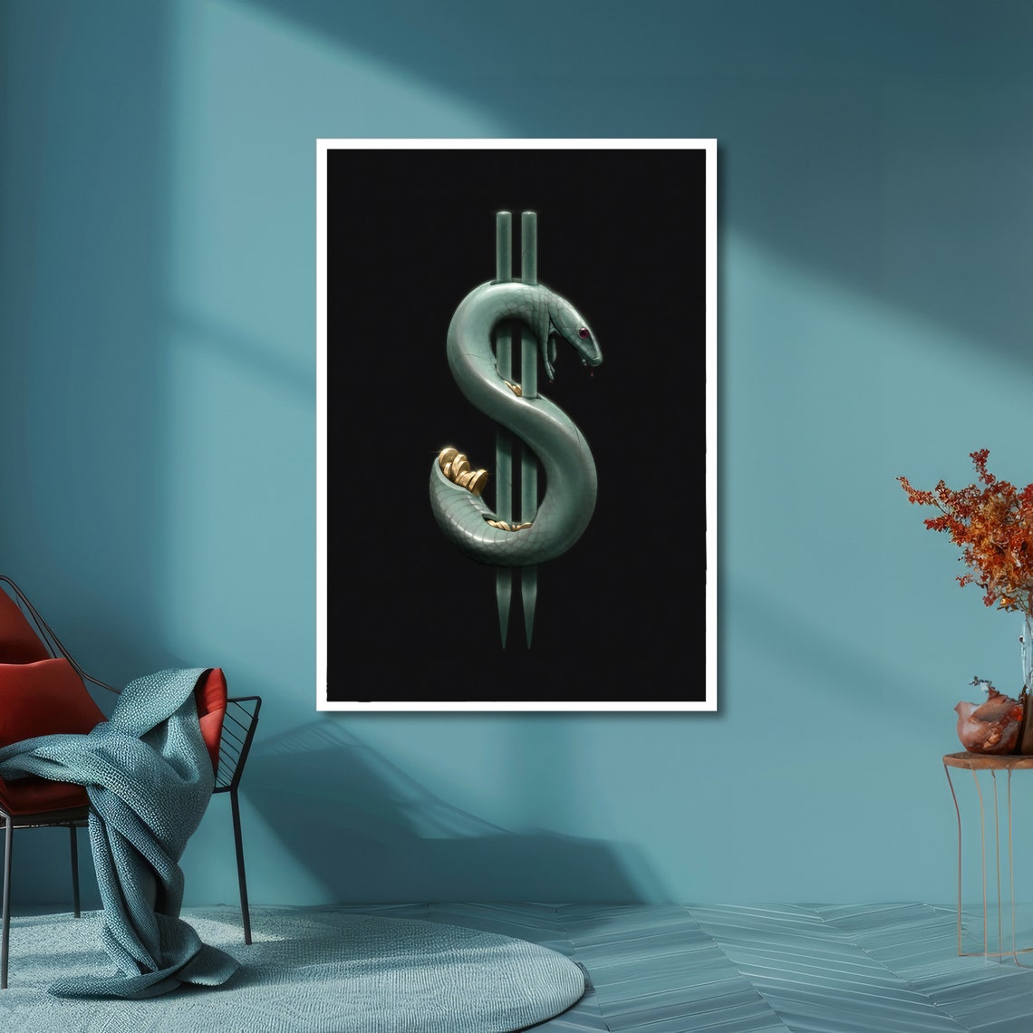 Green Snake Shaped Into a Dollar Sign Symbolic Wealth Art Poster - Image 6