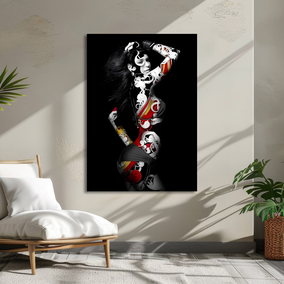 Woman Silhouette Red Graffiti Patterns Black Background Poster - Image 4