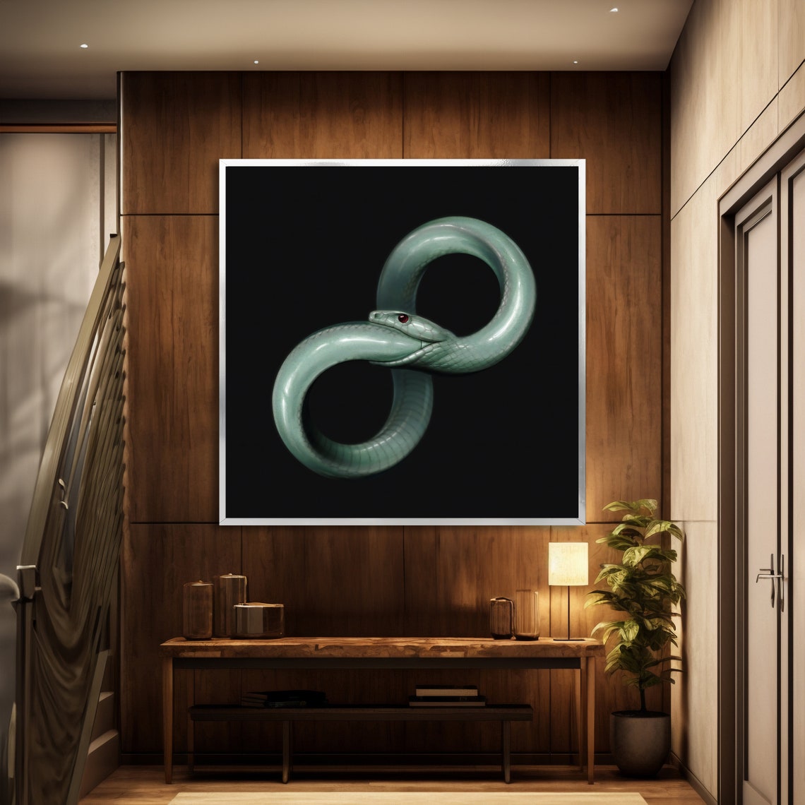 Pale Green Ouroboros Serpent in Infinite Loop on Black Poster - Image 2
