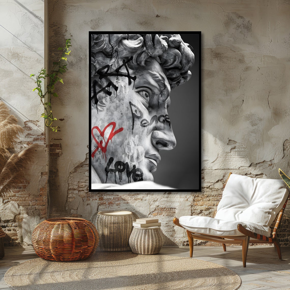 Graffiti David Statue with Peace Love Tags and Red Heart Urban Poster - Image 4