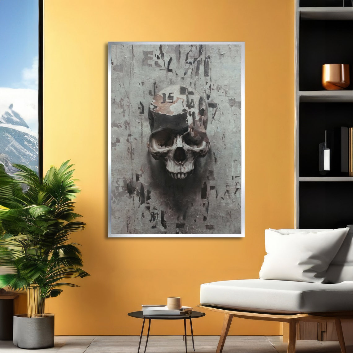 Human Skull on Distressed Gray Grunge Dark Gothic Art Poster - Image 2