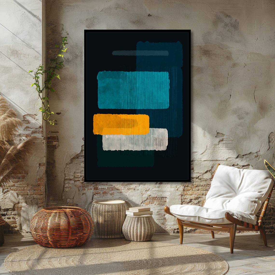 Rothko-Style Teal Orange White Blocks on Black Ground Poster - Image 4
