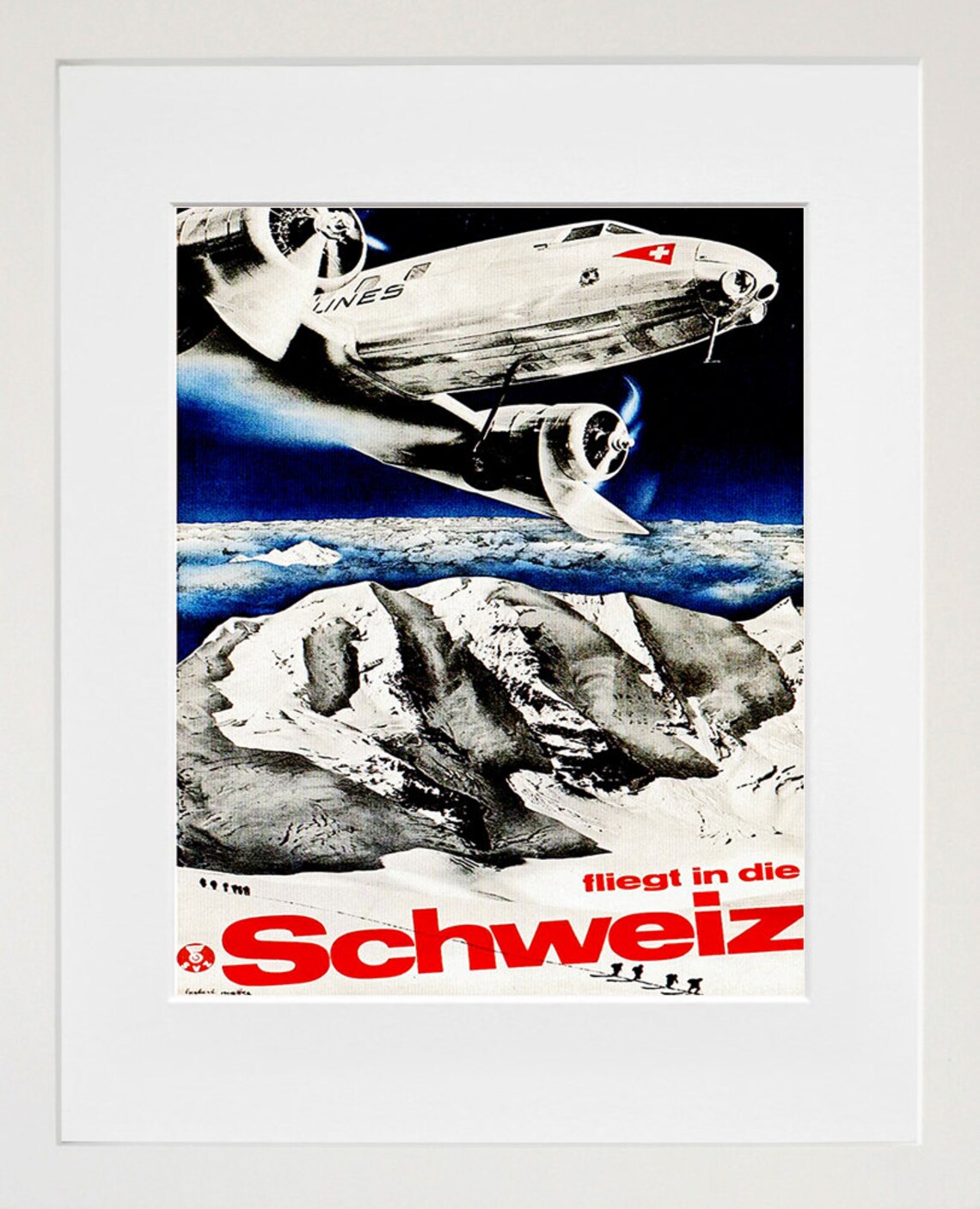 Fliegt In Die Schweiz Plane Over Snowy Alps Vintage Travel Poster - Image 2