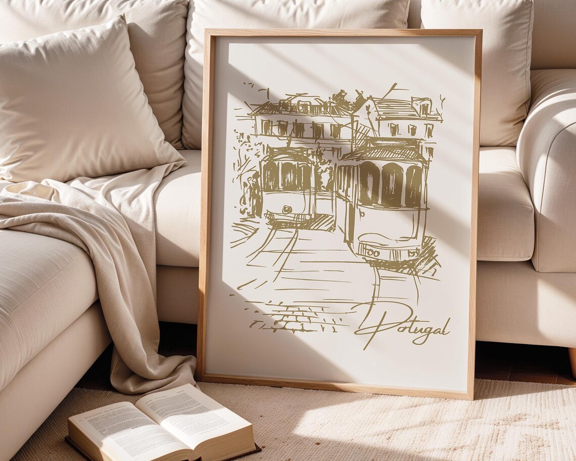 Lisbon Tram Gold Line Sketch Portugal Minimalist Travel Art Poster