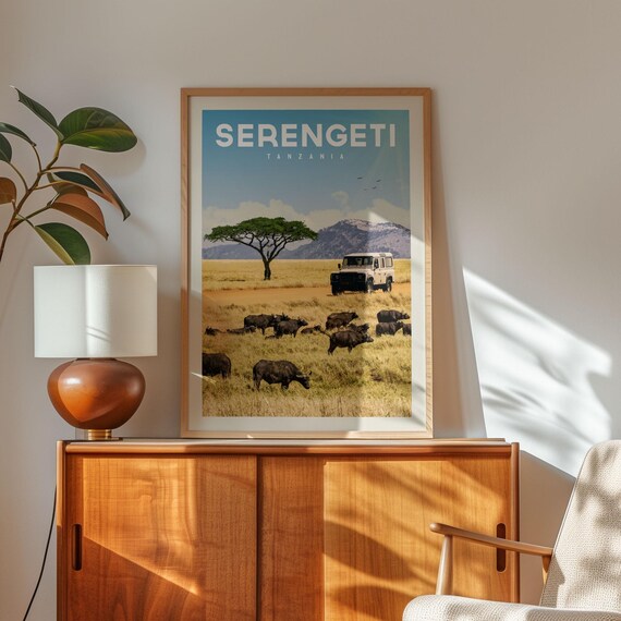 Serengeti Tanzania Safari Poster African Savannah Buffalo Jeep Travel Gift Art