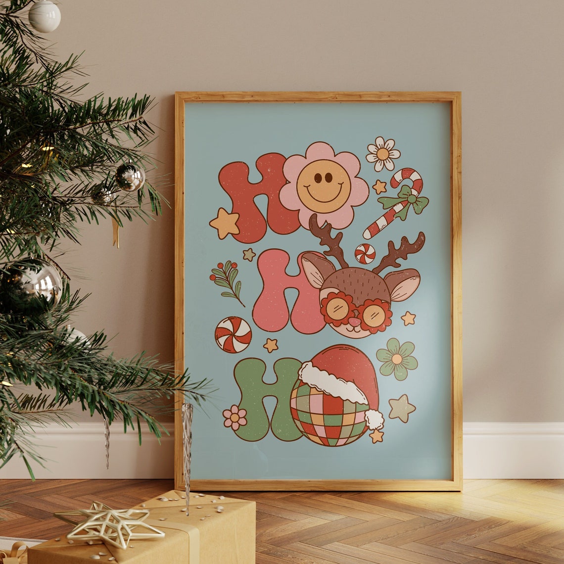 Ho Ho Ho Retro Christmas Reindeer Disco Ball Smiley Party Print
