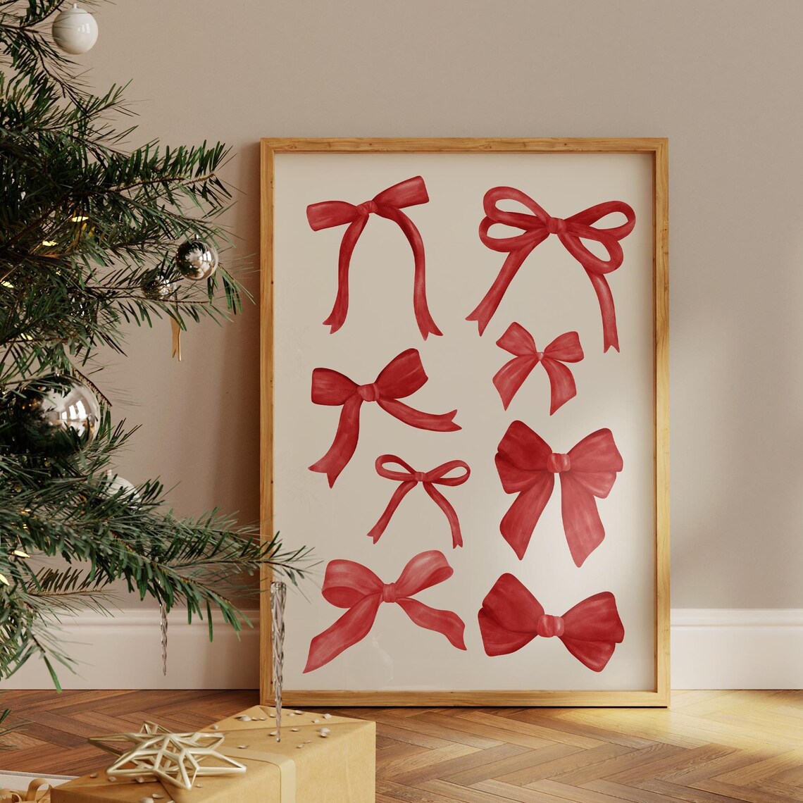 Red Christmas Bow Watercolor Collage Poster for Holiday Decor
