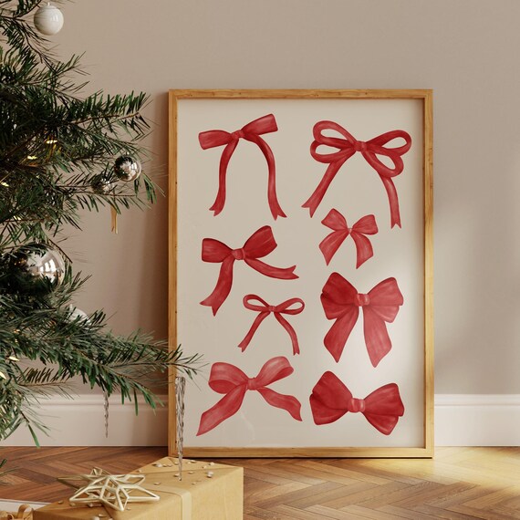 Red Christmas Bow Watercolor Collage Poster for Holiday Decor