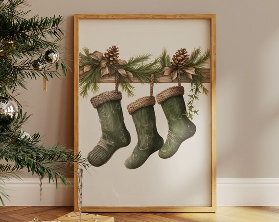 Rustic Green Christmas Stockings Watercolor Pine Branch Poster