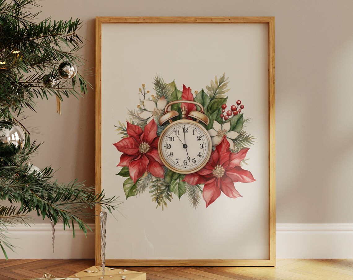 Vintage Alarm Clock With Red Poinsettias Christmas Floral Poster