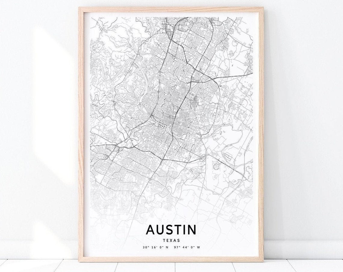 Austin Map Print Texas Usa Art Poster City Street Road Black White Modern Wall Office Decor