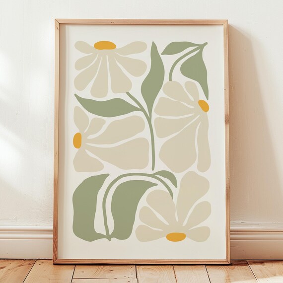 Matisse Inspired Boho Botanical Cream Sage Floral Wall Poster