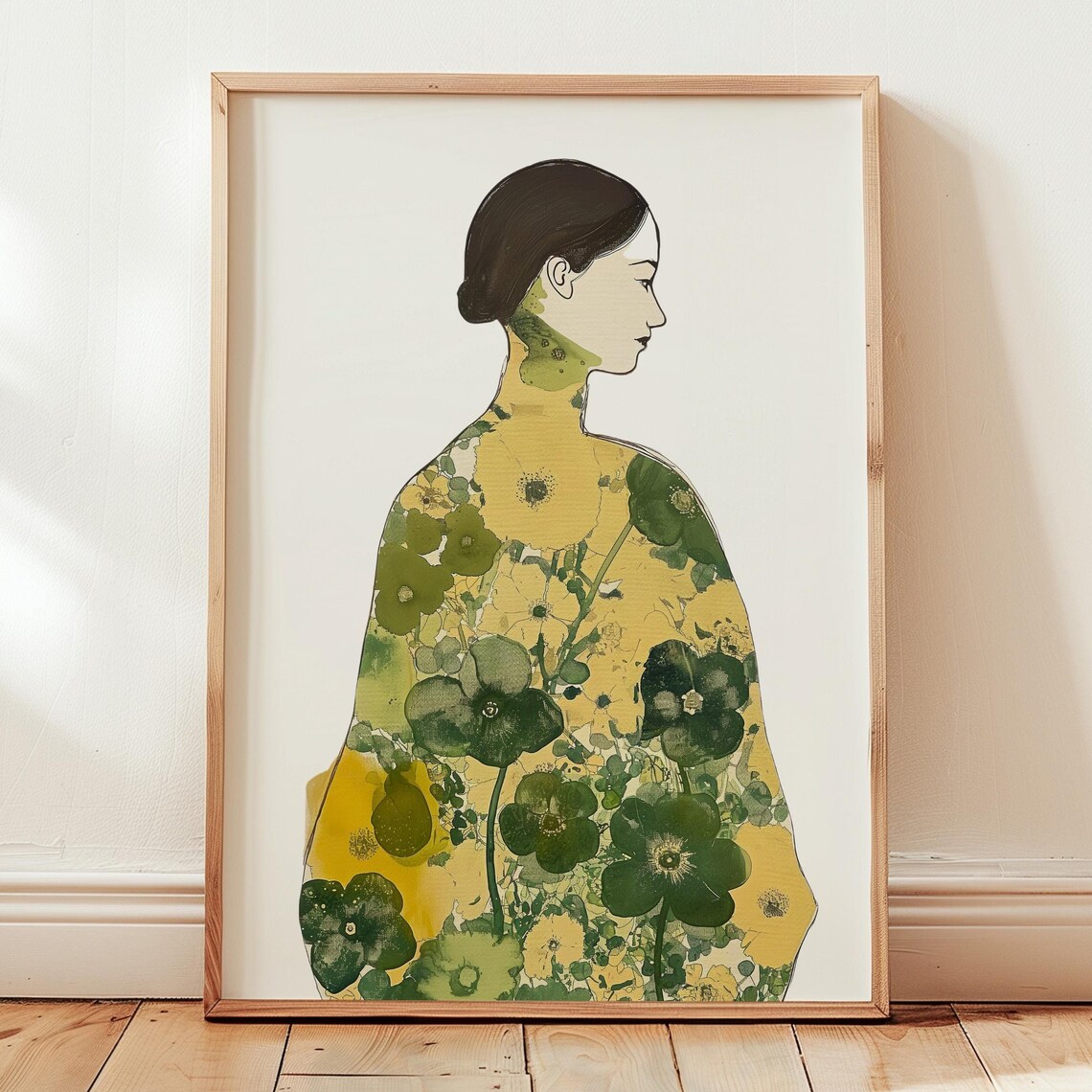 Woman Profile Green Floral Watercolor Botanical Silhouette Poster