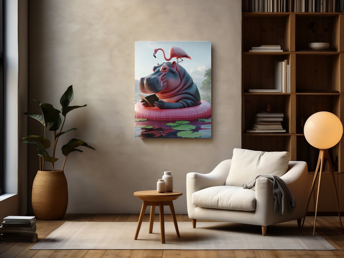 Funny Hippo Reading A Book On A Pink Pool Float With Flamingo Poster - Image 2
