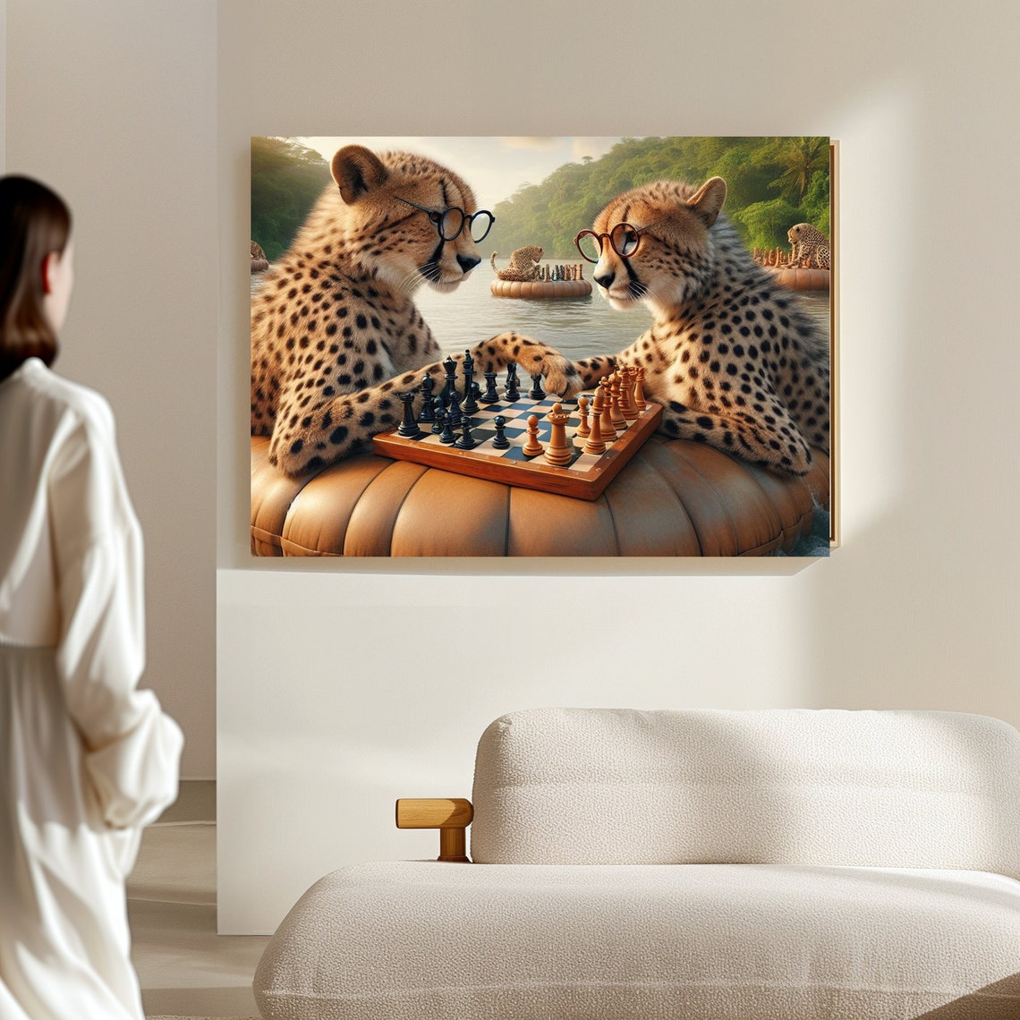 Whimsical Cheetahs Playing Chess on River Rafts Wildlife Poster - Image 4
