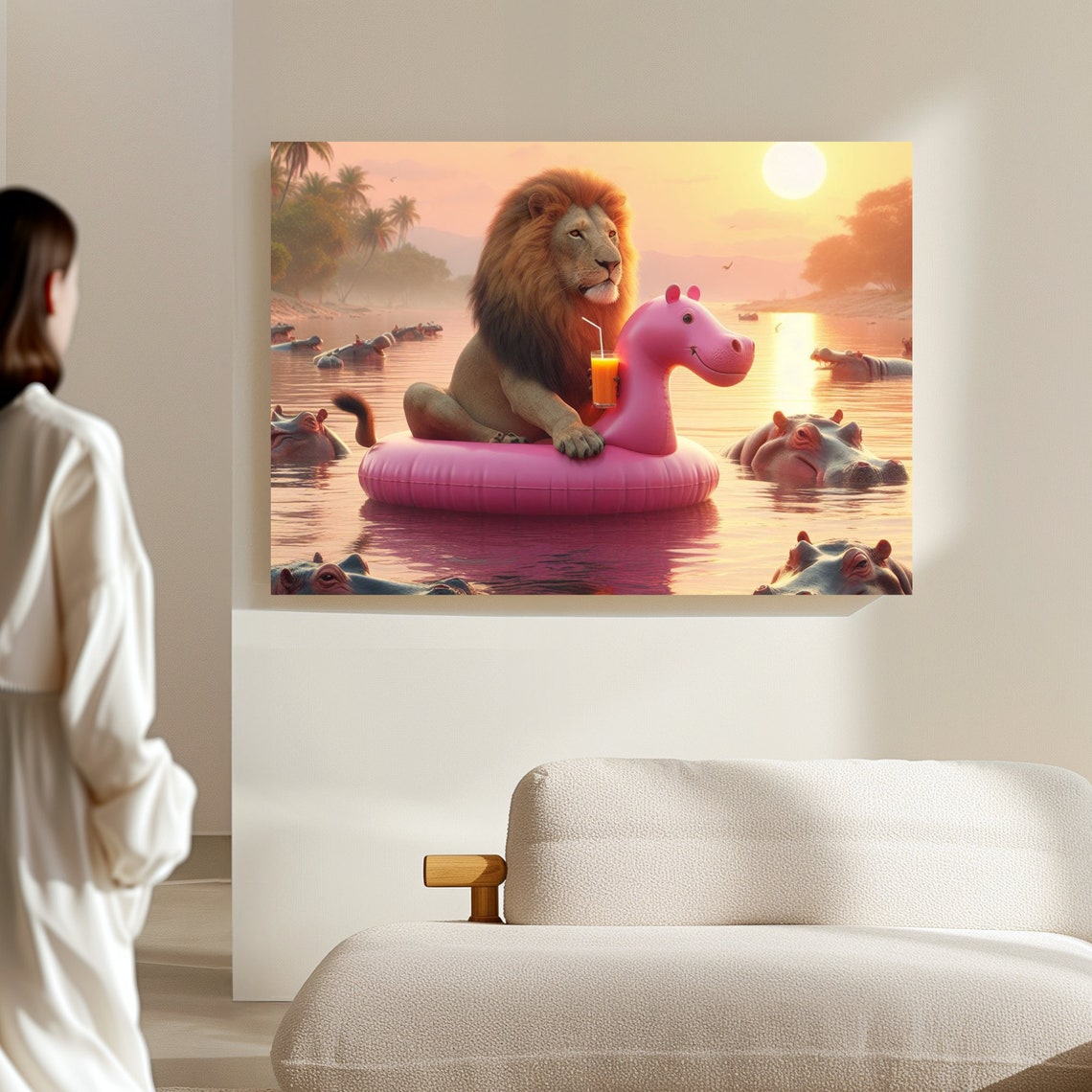Lion Relaxing On A Pink Hippo Float At Sunset River Funny Poster - Image 4