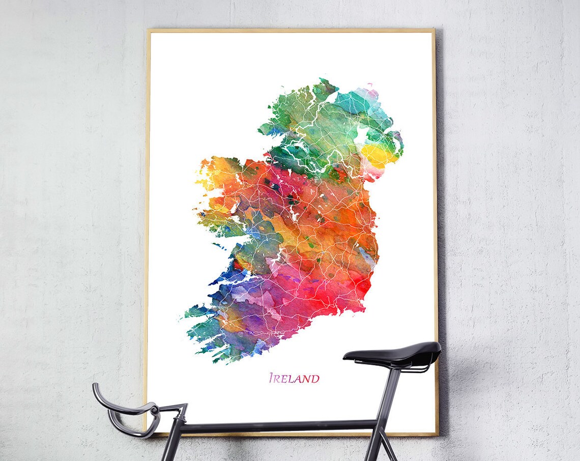 Ireland Watercolor Map Travel Poster, Home Office Decor