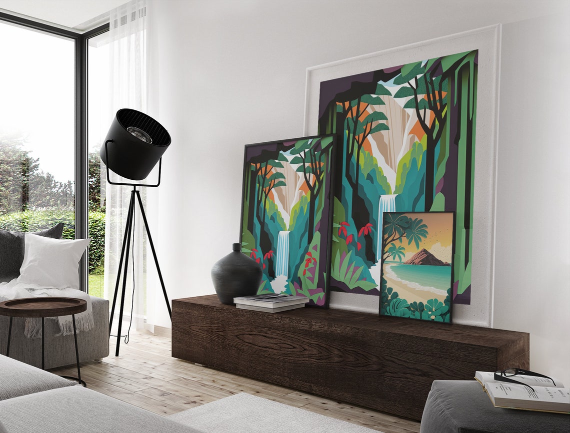 Tropical Waterfall Jungle Geometric Modern Botanical Art Poster - Image 4