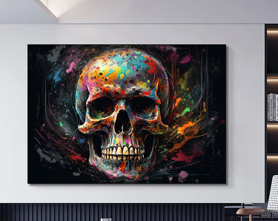 Colorful Paint Splash Skull Black Background Gothic Edgy Poster