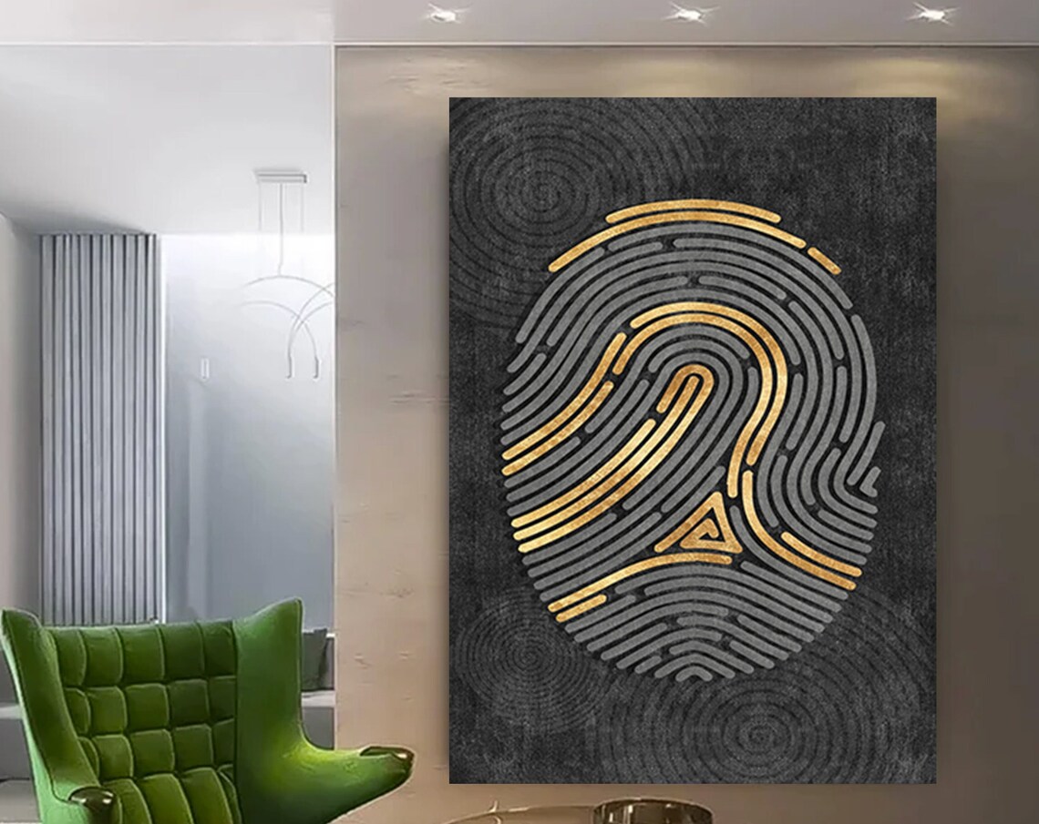 Gold Fingerprint Black Background Modern Abstract Identity Art Print