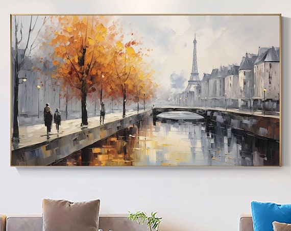 Abstract Street Landscape Oil Painting On Large Wall Art Original River Art Eiffel Tower Decor Gray Wall Art Living Room Home Decor