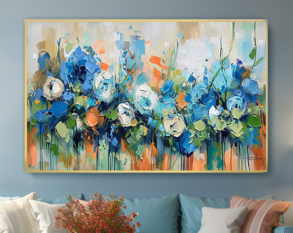 Blue Bloom Palette Knife Floral Abstract Modern Painting Poster