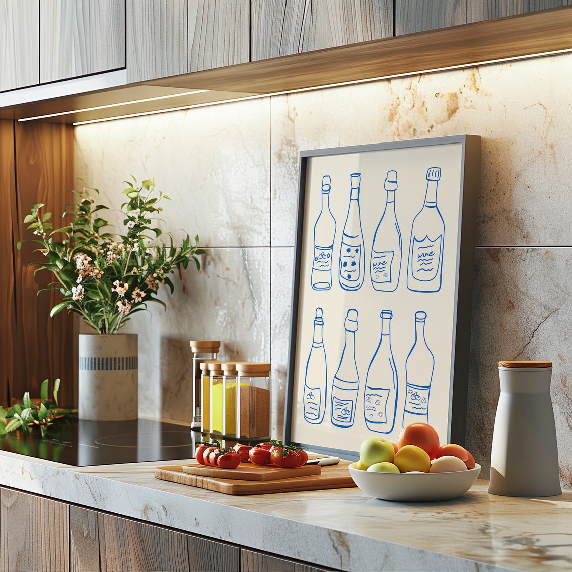 Blue Line Art Wine Bottles Minimalist Kitchen Bar Wall Poster - Image 2