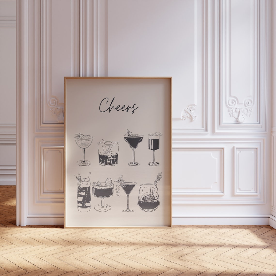 Cheers Cocktail Glasses Line Art Happy Hour Bar Decor Wall Poster - Image 2