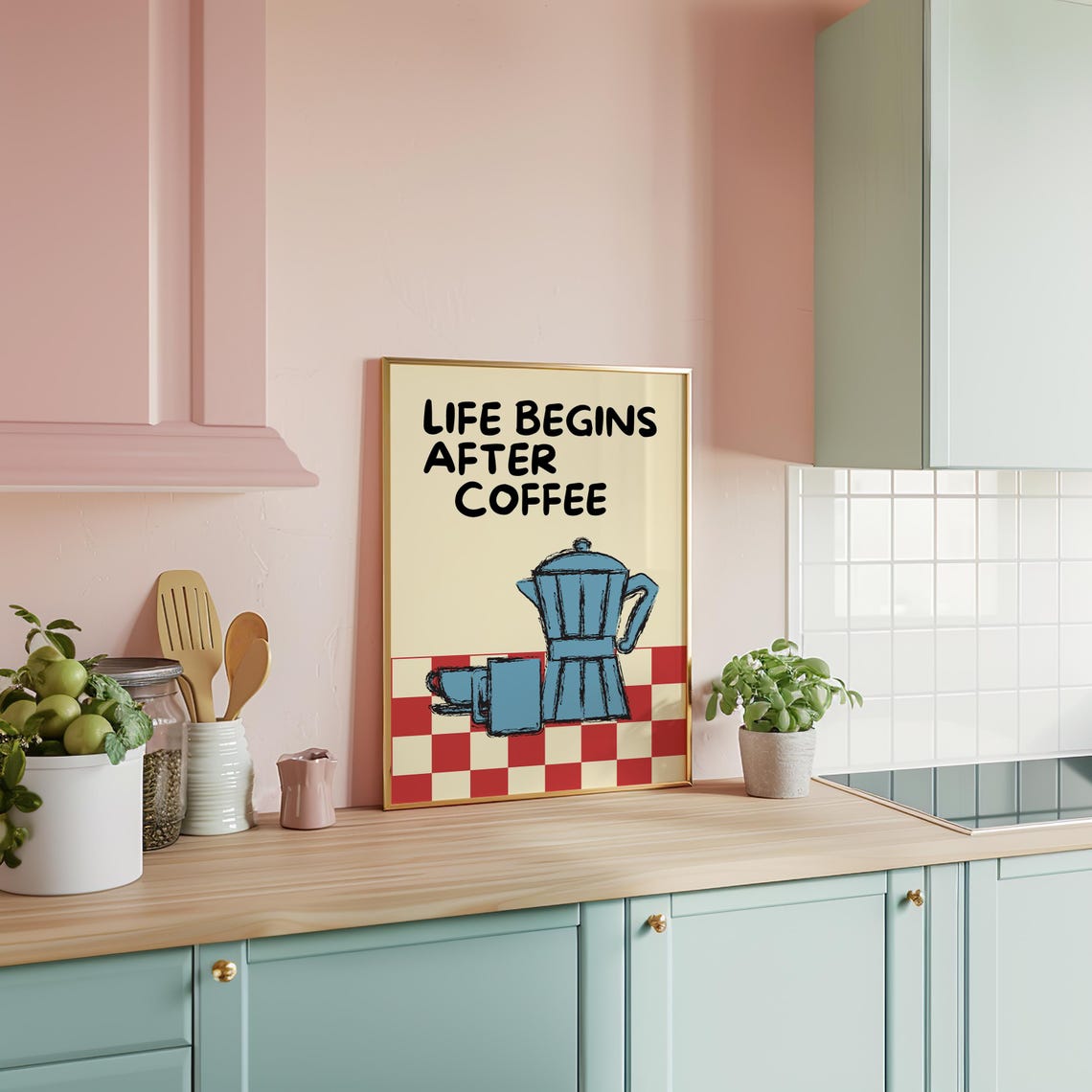 Life Begins After Coffee Moka Pot Red Checkerboard Quote Poster - Image 2