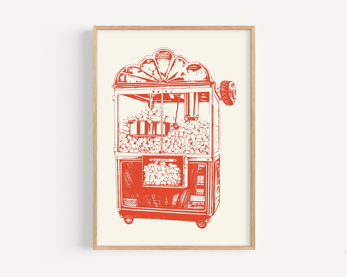 Vintage Popcorn Machine Art Print, Retro Pop Art