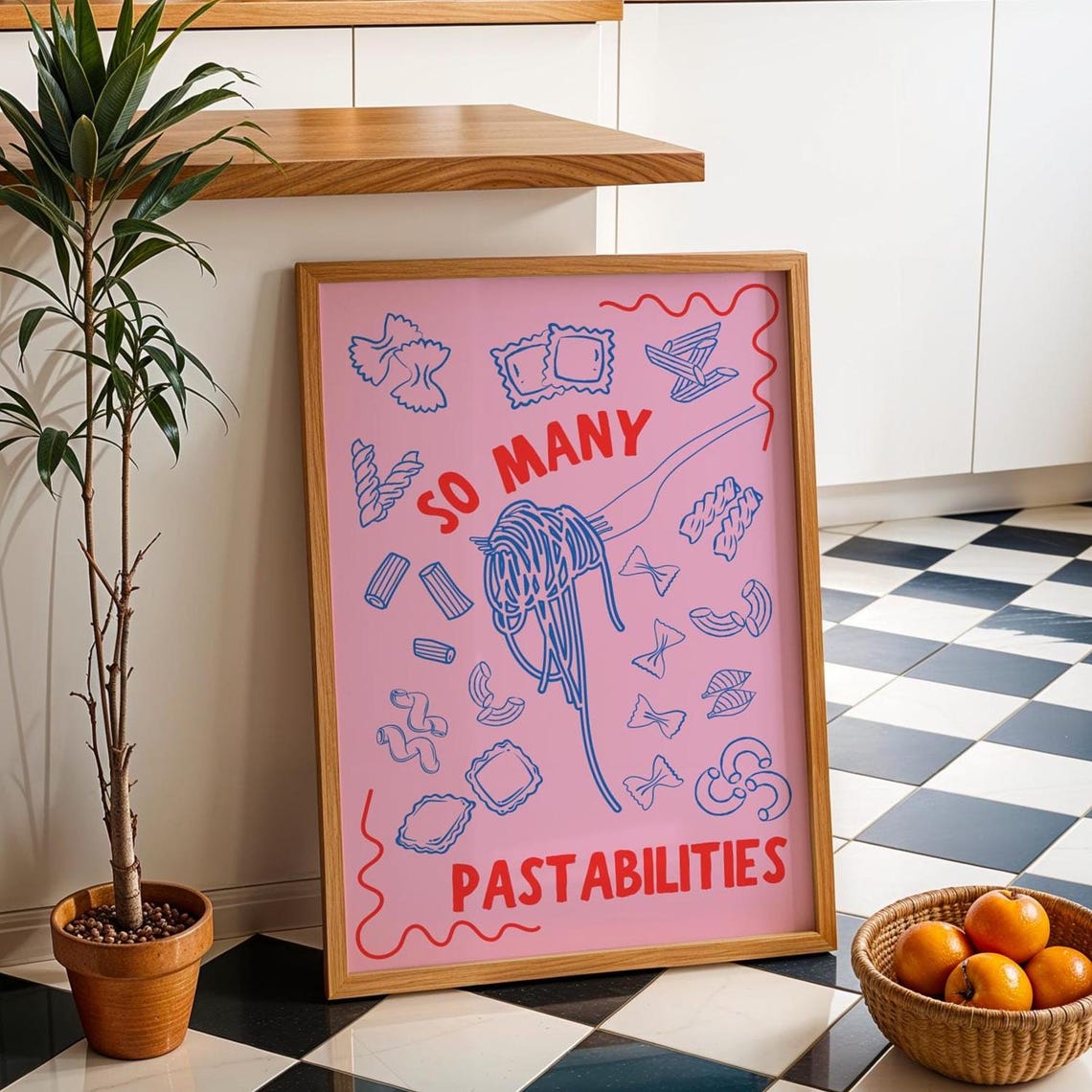 Pasta Wall Art Blue Pink Spaghetti Print Dopamine Decor Girly Kitchen Poster Retro Food Illustration Fun Artwork