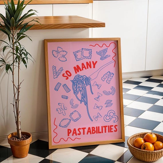 Pasta Wall Art Blue Pink Spaghetti Print Dopamine Decor Girly Kitchen Poster Retro Food Illustration Fun Artwork