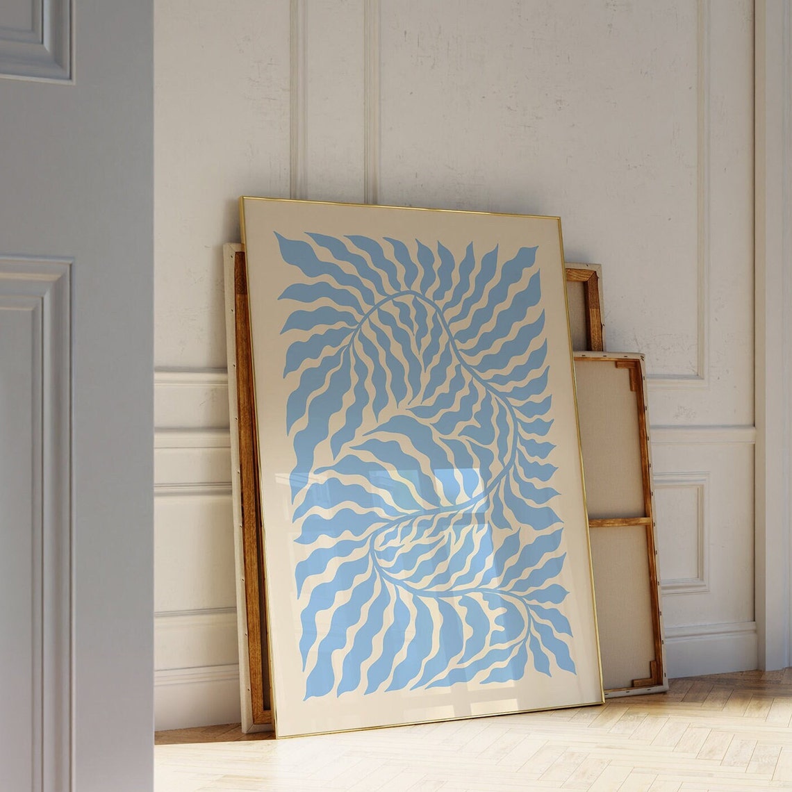 Light Blue Abstract Botanical Leaf Scandi Organic Minimalist Wall Art