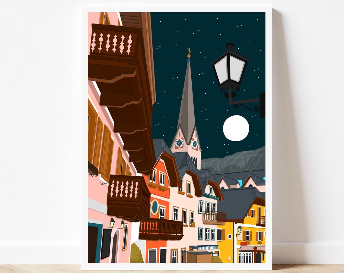 Hallstatt Austria Night Church Street Moonlit View Art Print