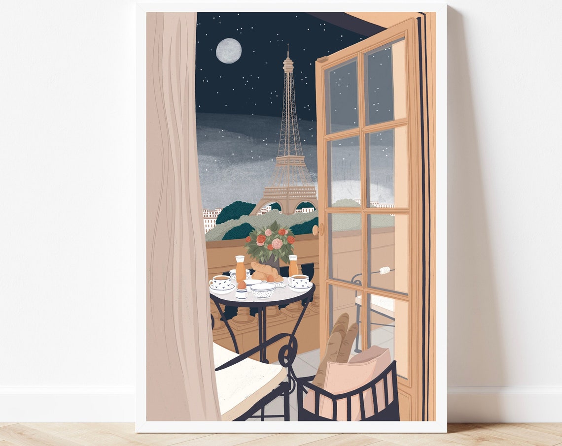 Paris Balcony Eiffel Tower Night Moonlit Breakfast Art Print