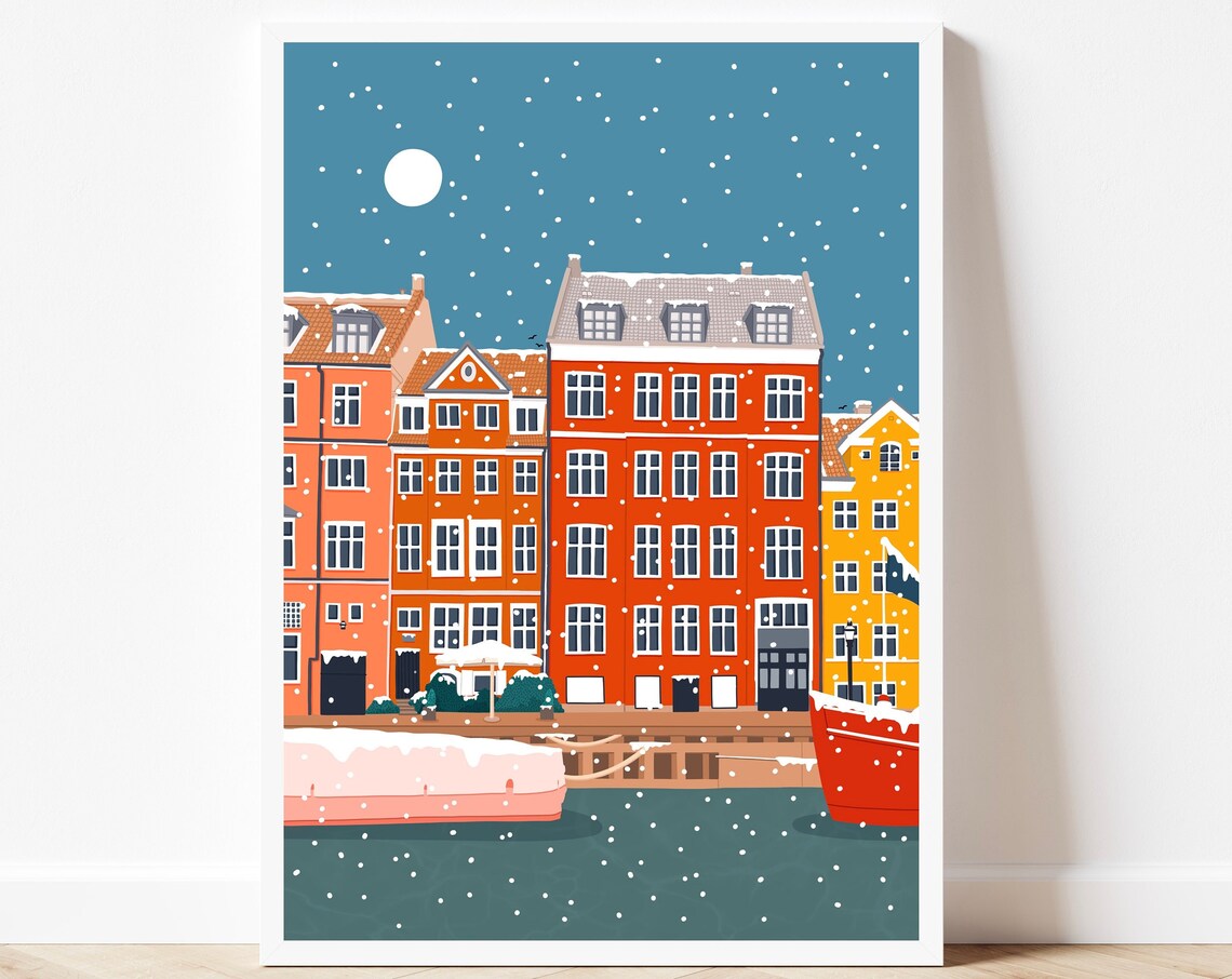 Copenhagen Nyhavn Denmark Snowy Winter Night Harbour Art Print