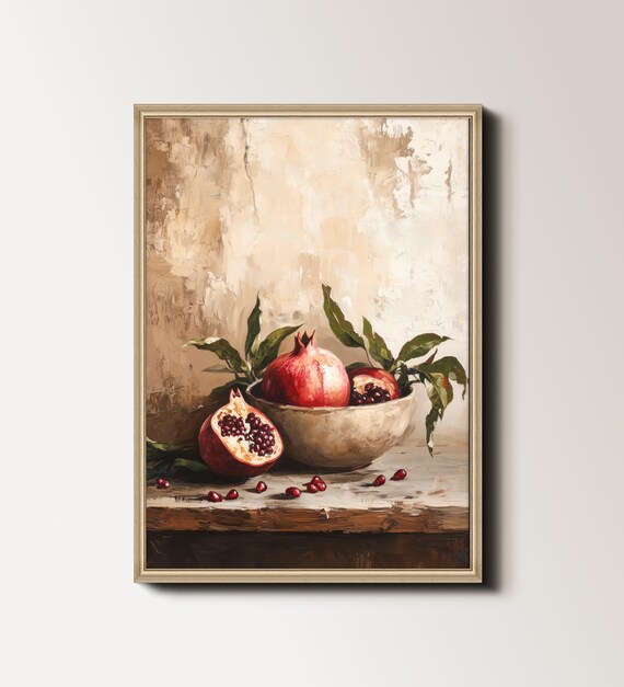 Pomegranate Print Rustic Kitchen Wall Decor Vintage Food Painting Fruit Still Life Painting Red Kitchen Art 152