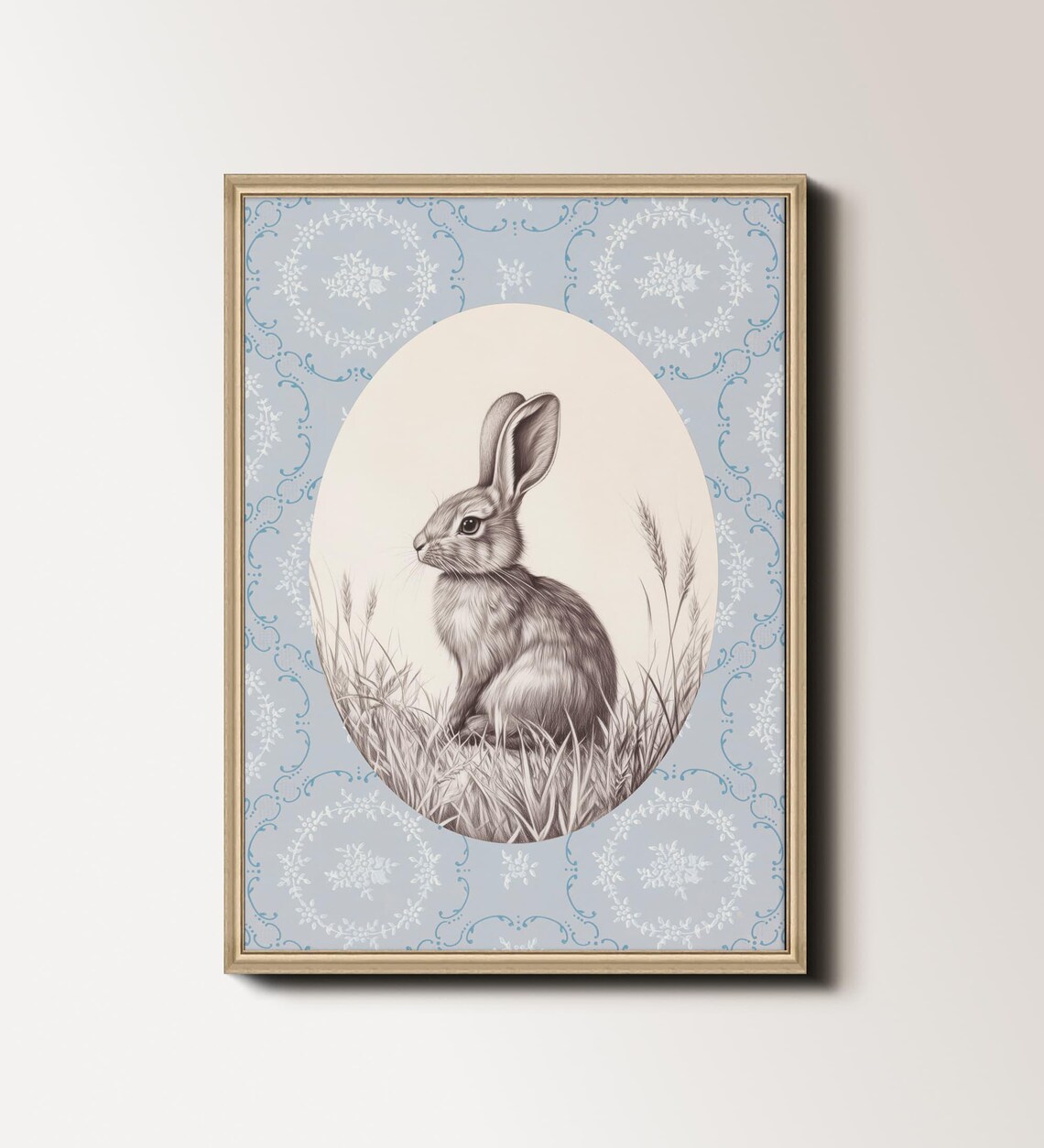 Bunny in Oval Cameo on Blue Patterned Ground Vintage Nursery Art Poster