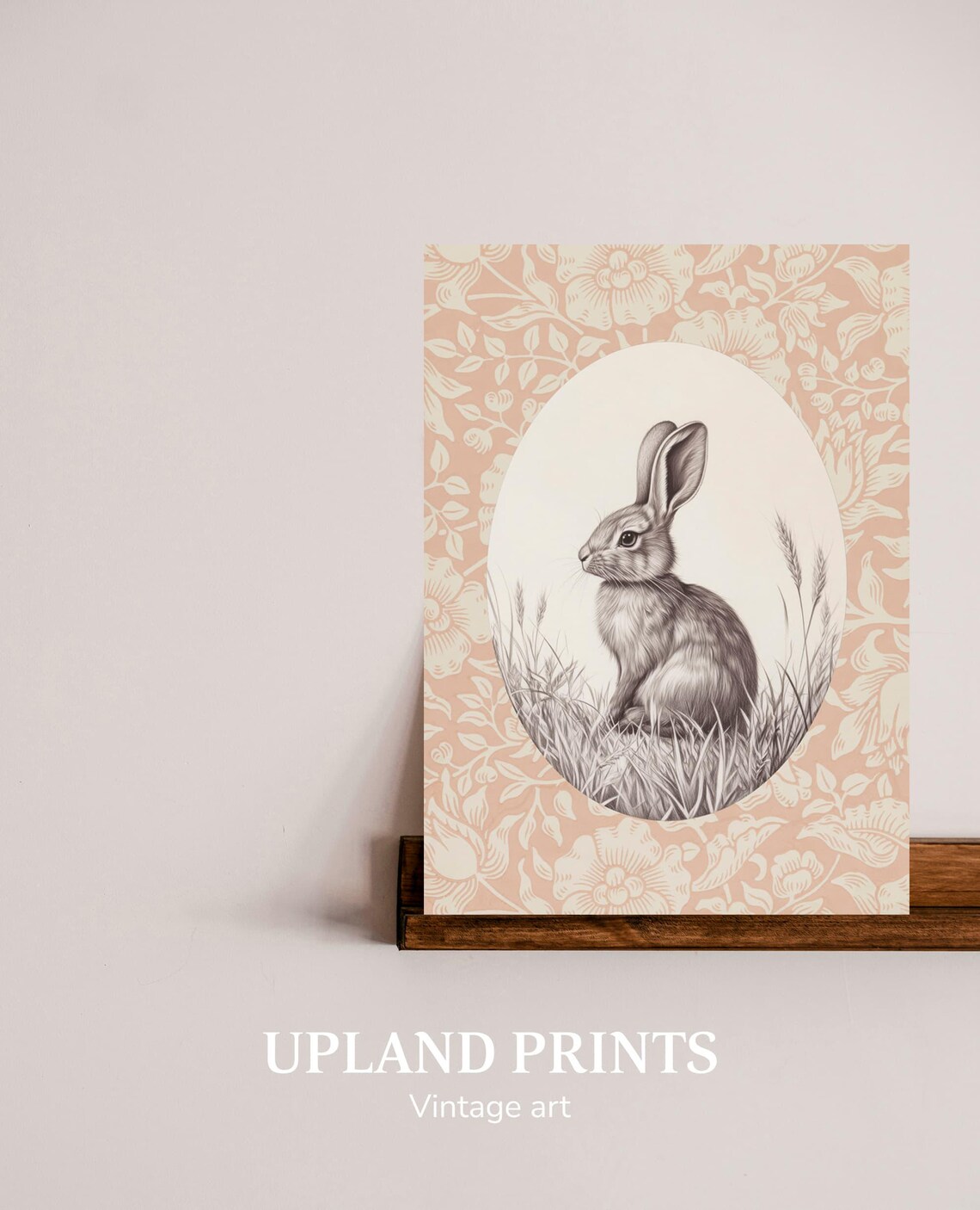 Bunny in Oval Cameo on Pink Floral Pattern Vintage Nursery Art Poster - Image 2
