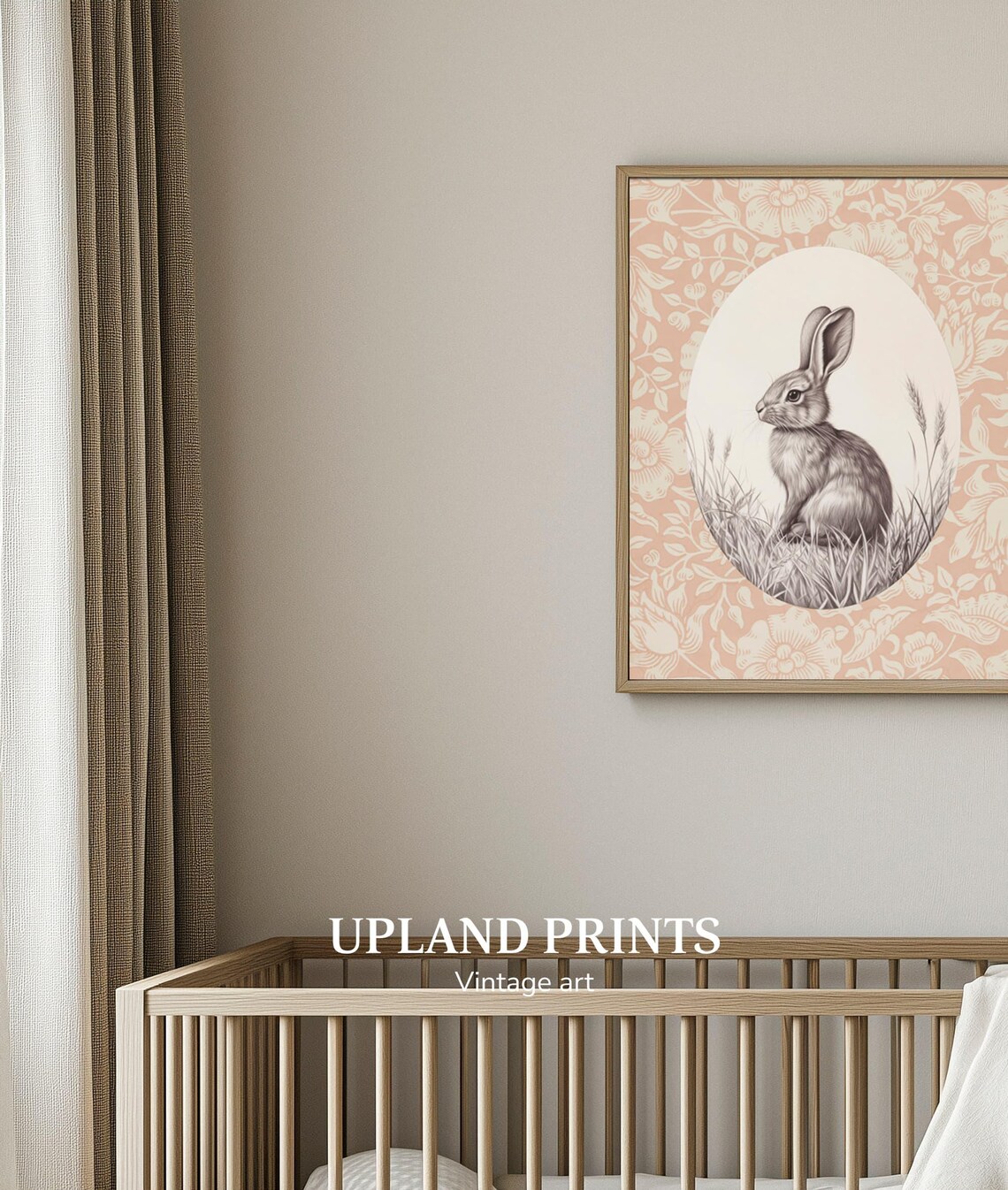 Bunny in Oval Cameo on Pink Floral Pattern Vintage Nursery Art Poster - Image 3