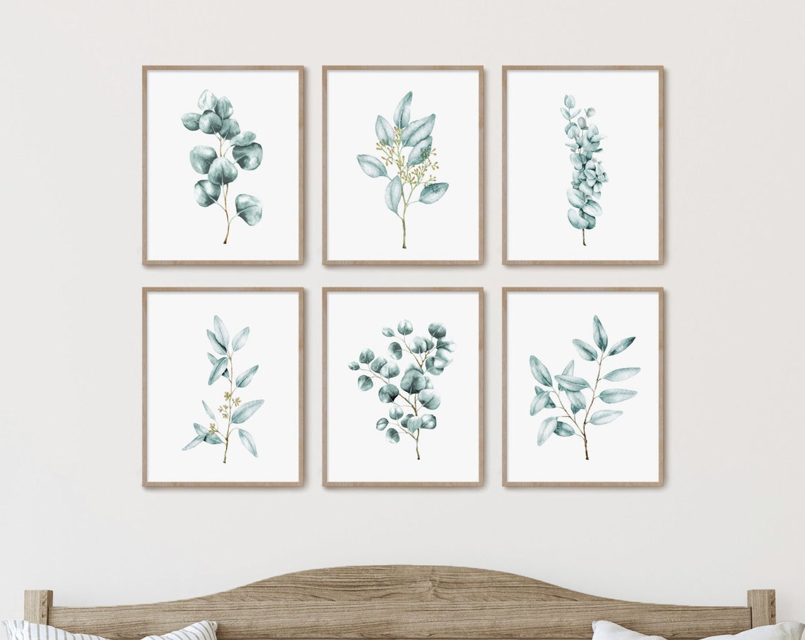 Set Of 6 Watercolor Eucalyptus Botanical Greenery Art Monotone Teal Gallery Wall Leaf Print Plant Poster Whimsical