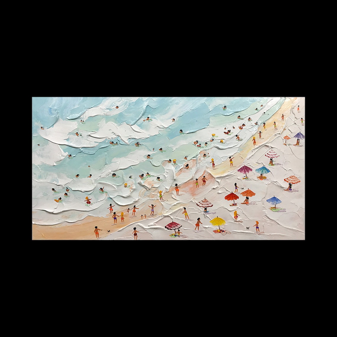 Busy Beach Scene with Umbrellas Textured Oil Painting Art Poster - Image 2