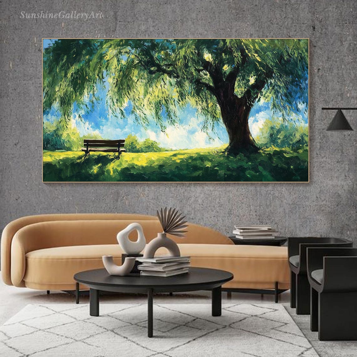 Majestic Willow Tree Over Sunny Park Bench Green Meadow Poster - Image 3