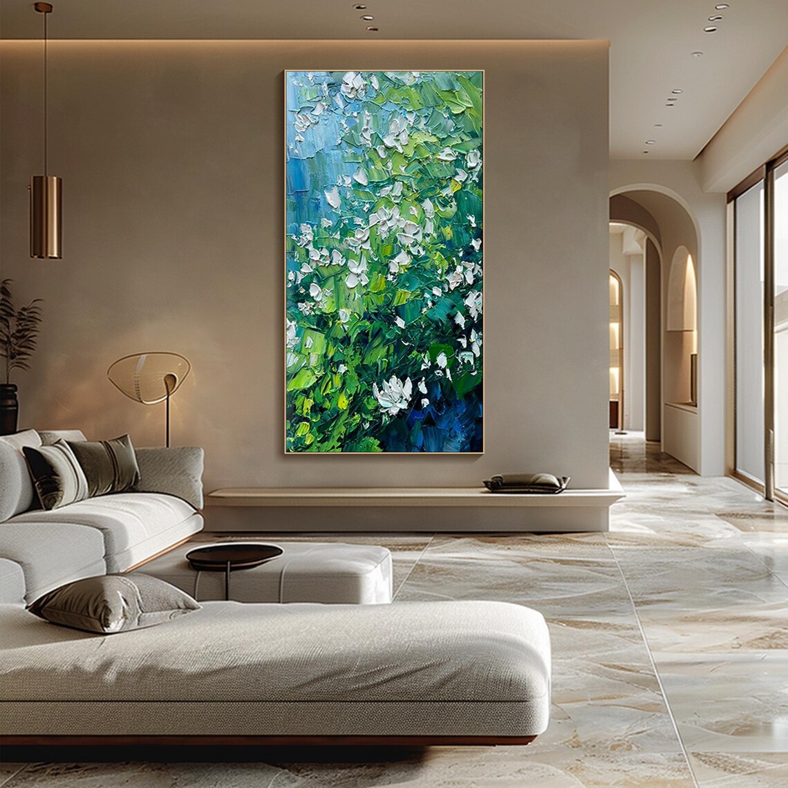 Green Foliage White Blossoms Abstract Impasto Oil Painting Vertical Botanical Poster - Image 3